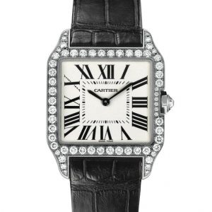 The luxury fake Santos De Cartier Santos-Dumont WH100651 watches are made from 18k white gold and diamonds.