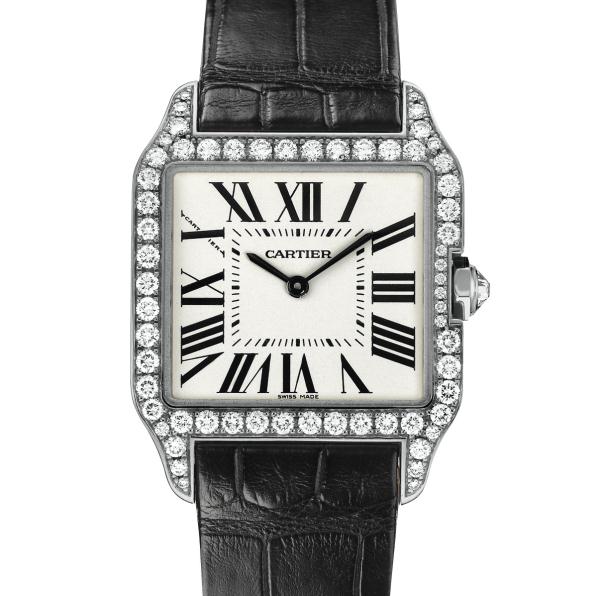 The luxury fake Santos De Cartier Santos-Dumont WH100651 watches are made from 18k white gold and diamonds.