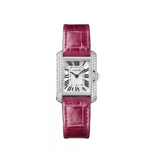 The 18k white gold copy Cartier Tank Anglaise WT100015 watches have pink straps.