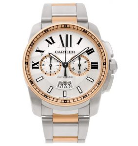 The sturdy copy Calibre De Cartier W7100042 watches are made from 18k rose gold and stainless steel.