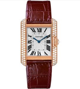 The 18k rose gold fake Cartier Tank Anglaise WT100013 watches have wine red straps.