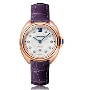 The luxury watches are also made from 18k rose gold. Together, they have special purple alligator leather straps.