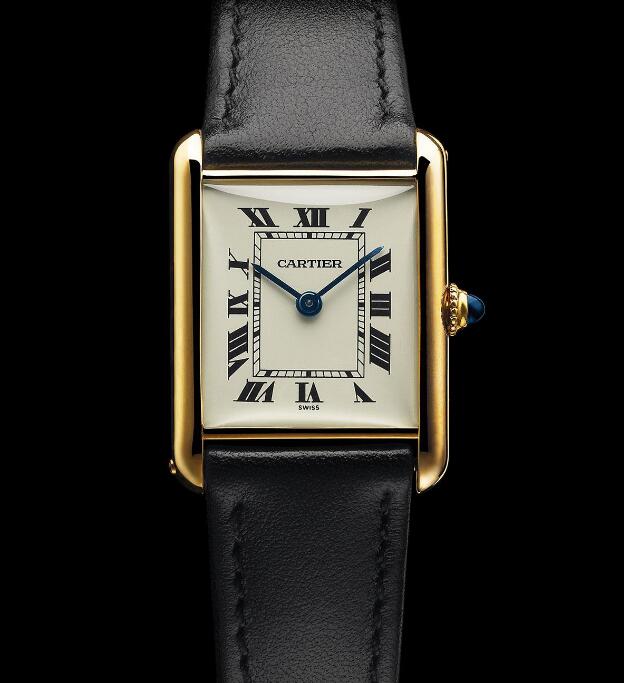 The blue hands and black Roman numerals hour markers are striking on the silver dial.